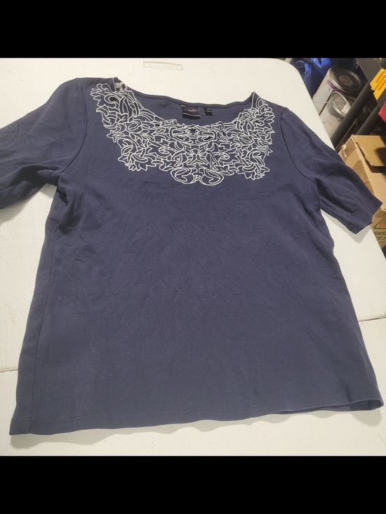 Rafaella Tops - Rafaella Navy Short-Sleeve Tee with White Embroidered Yoke